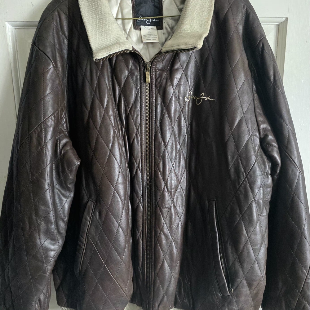 Sean John Dark Brown Quilted Leather Puffer Jacket